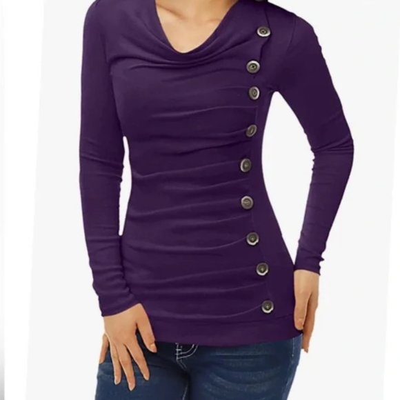 Pretty PattyBoutik Women's Cowl Neck Button Embellished Top (Deep Purple L) - Picture 1 of 7